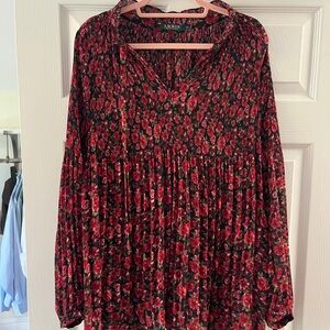 Ralph Lauren Black & Red Floral Pleated Long-Sleeve Blouse
